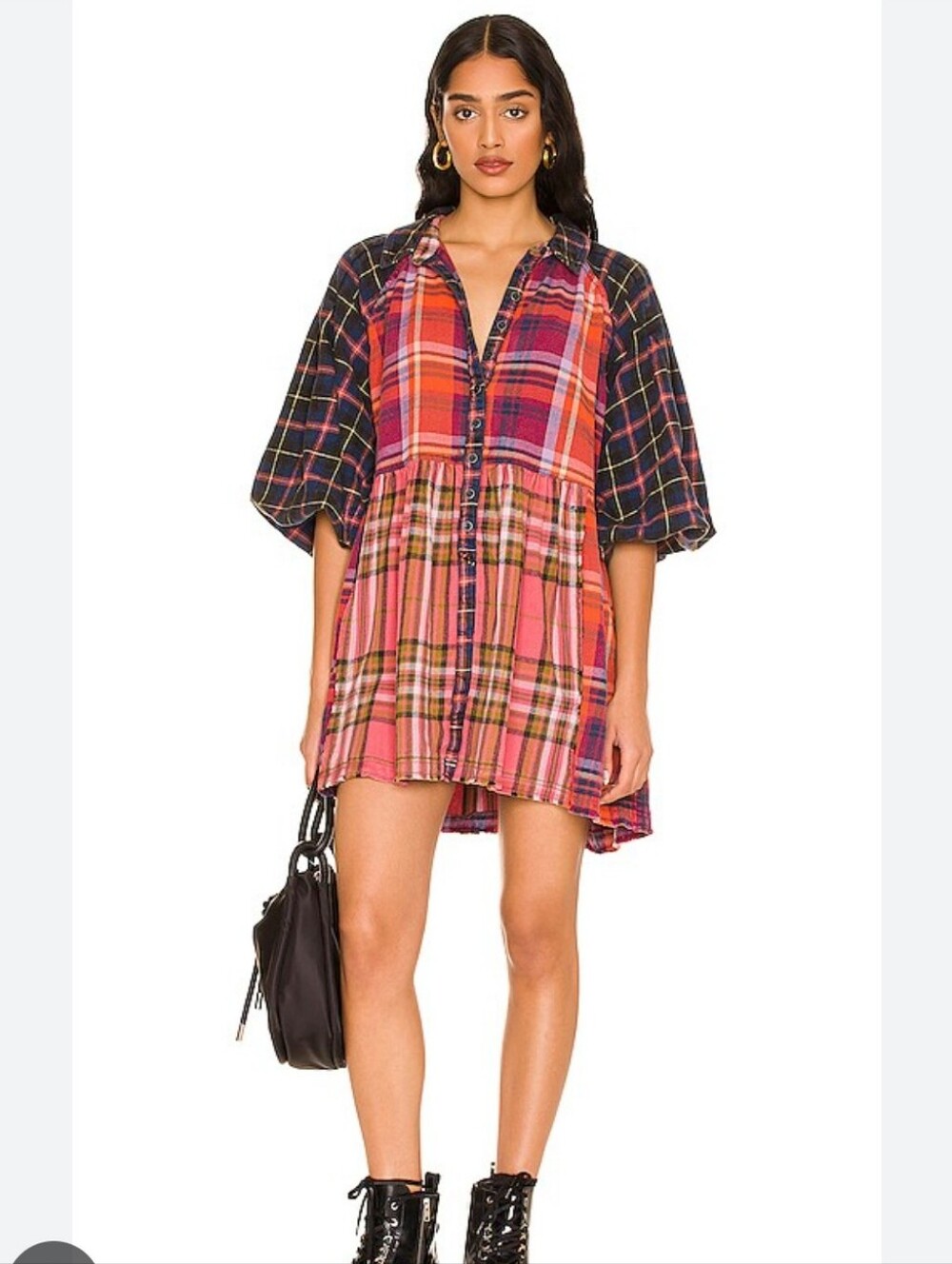 FREE PEOPLE WE THE FREE MIXED Plaid Button Front Tunic Moon Boho Dress Spell